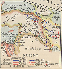 A map of the Russian-Turkish front from Der Weltkrieg 1914-1918, a 1930s German history of the war illustrated with hand-pasted cigarette cards, showing the Turkish Empire in Asia Minor and Mesopotamia, the Mediterranean, Black, and Caspian Seas and the Persian Gulf. To the west is Egypt, a British dominion; to the east Persia. Erzerum in Turkey and Kars in Russia were the great fortresses on the frontier.
Text:
Mittelmeer: Mediterranean Sea
Schwarzes M: Black Sea
Kasp. M.: Caspian Sea
Kleinasien: Asia Minor
Türkei: Turkey
Russland: Russia
Mesopot.: Mesopotamia
Persien: Persia
Agypten: Egypt
Kairo: Cairo
Stellungen der: Positions of the
Türken Jan. 1915. . .August 1916
Russen Mai 1915 . . . Frühjahr 1916
Engländer: November 1914 . . . Ende 1917
Herbst 1918
Positions of the
Turks Jan. 1915 . . . August 1916
Russians May 1915 . . . spring 1916
English: November 1914 . . . the end of 1917
autumn 1918