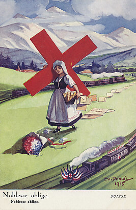 Switzerland personified bears the symbol of the International Red Cross, headquartered in Geneva, Switzerland, and the inverse of the Swiss flag, a white cross on a field of red. In the foreground a train bearing the French tri-color and labeled "grands blessés" — the severely wounded — comes towards France, and a train goes in the opposite direction, to Germany. A bouquet in the French colors lies at the feet of the cross bearer who carries files about and correspondence for prisoners, spilling them along the way. Switzerland borders the combatants France, Germany, Austria-Hungary, and Italy.
One of a 1916 series of 1916 postcards on neutral nations by Em. Dupuis.
Text:
Noblesse oblige.
Noblesse oblige.
Suisse
Signed: Em. Dupuis 1916
Reverse:
Visé Paris. No. 111
Logo: Paris Color 152 Quai de Jemmapes
Carte Postale