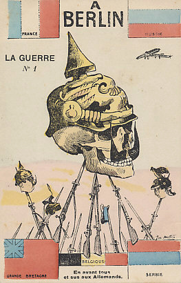 To Berlin! Rifles of the %+%Organization%m%93%n%Entente Allies%-% hoist helmeted German skulls, the largest of which wears %+%Person%m%93%n%Kaiser Wilhelm%-%