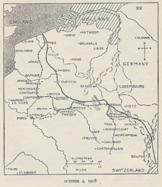 Map of the Western Front on October 4, 1918. From 'The History of The A.E.F.' by Shipley Thomas.
Text:
October 4, 1918