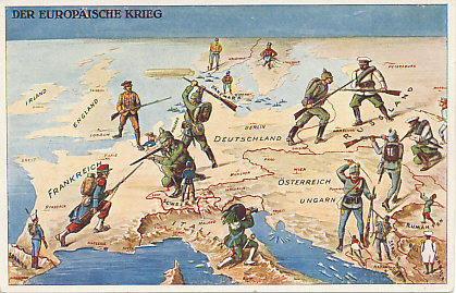 A Swiss postcard of 'The European War' in 1914. The Central Powers of Germany and Austria-Hungary face enemies to the east, west, and south. Germany is fighting the war it tried to avoid, battling Russia to the east and France to the west. Germany had also hoped to avoid fighting England which came to the aid of neutral (and prostrate) Belgium, and straddles the Channel. Austria-Hungary also fights on two fronts, against Russia to the east and Serbia and Montenegro to the south. Italy, the third member of the Triple Alliance with Germany and Austria-Hungary, declared neutrality, and looks on. Other neutral nations include Spain, Norway, Sweden, Denmark, Switzerland, Romania, Bulgaria, and Albania. Japan enters from the east to battle Germany. The German Fleet stays close to port in the North and Baltic Seas while a German Zeppelin targets England. The Austro-Hungarian Fleet keeps watch in the Adriatic. Turkey is not represented, and entered the war at the end of October, 1914; Italy in late May, 1915.
Text:
Der Europäische Krieg
The European War
Reverse:
Kriegskarte No. 61. Verlag K. Essig, Basel
Kunstanstalt (Art Institute) Frobenius A.G. Basel