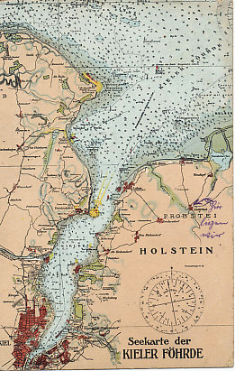 Nautical chart of the Kiel Fjord on the Baltic Sea, leading to Kiel, one of the home ports of the German Baltic Fleet. Just north of Kiel is the entrance to the Kaiser Wilhelm Canal, which crosses the Jutland Peninsula in the state of Schleswig-Holstein, and carries traffic to the mouth of the River Elbe on the North Sea.
Text:
Seekarte der Kieler Föhrde (nautical chart of the Kiel Fjord, Holstein, Kiel itself, and the towns of Laboe and Friedrichsort (and its lighthouse) at the mouth of the fjord.
Someone has annotated the town of Lutterbek.
Reverse:
Field postmarked Laboe, July 5, 1915, 2. Kompagnie I. Seewehr-Abteilung (Company 2, Coast Guard Department???
Verlag v. Franz Heinrich, Laboe-Kiel. Nachdruck verboten 1911. Mit Genehmigung der nautischen Abteilung des Reichs-Marine-Amtes, Berlin (Published by Franz Heinrich, Laboe, Kiel. Reproduction prohibited 1911. With the approval of the Nautical Department of the Reich Naval Office in Berlin)