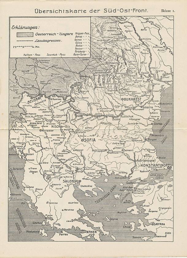 Map of the the Balkan Front — Germany's Southeast Front — with the mountain passes between Austria-Hungary and Romania. From the Reichsarchiv history of the wars in Serbia and Romania, Herbstschlacht in Macedonien; Cernabogen 1916.
The capitals of Belgrade (Serbia), Bucharest (Romania), Sofia (Bulgaria), and Constantinople (Turkey) are prominent, as is Salonica, Greece, the Allied entry port into the country.
Text:
Übersichtskarte der Süd-Ost-Front
Skizze I.
Erklärungen:
Oesterreich Ungarn
Landesgrenzen
Overview map of the south-east front 
Sketch I. 
Explanations: 
Austria-Hungary
Borders