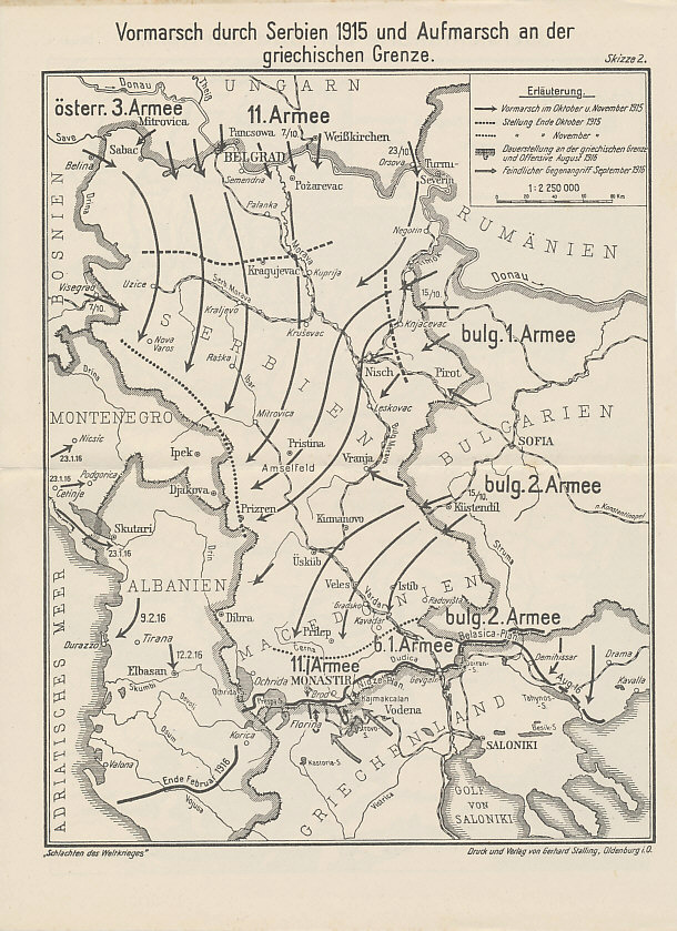 Map of the German, Austro-Hungarian, and Bulgarian advance into Serbia in October and November, 1915, with the Central Power offensive along the Greek border in August 1916 and the Allied counteroffensive the following month. Map from the Reichsarchiv Herbstschlacht in Macedonien (Autumn battle in Macedonia).
Text:
Vormarsch durch Serbien 1915 und Augmarsch an der griechischen Grenze.
Skizze 2
Erläuterung.
Vormarsch im Oktober u. November 1915
Stellung Ende Oktober 1915
Dauerstellung an der griechischen Grenze und Offensive August 1916
Feindlicher Gegenangriff September 1916
1: 2 250 000
'Schlachten des Weltkrieges'
Druck und Verlag von Gerhard Stalling, Oldenburg i. O.

Advance through Serbia 1915 and March on the Greek Border.

Sketch 2

Legend.
Advance in October and November 1915
Position end of October 1915
Stable position on the Greek border and offensive August 1916
Enemy counterattack of September 1916
1:2,250,000

Battles of the World War'

Printing and Publishing Gerhard Stalling, Oldenburg im Osten