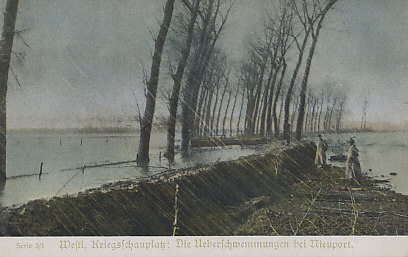 Austrian postcard of the inundations at Nieuport, Belgium, with soldiers at the flood barrier. Driven to a corner of Belgium by Germany's advance, the Belgians tried to make a stand on the Yser Canal in the flat terrain of Flanders. Driven back, they retreated behind the railway embankment that ran from Nieuport on the coast to Dixmude 20 miles inland. On October 27, 1914 they opened the locks to flood the plain before them, a process that took several days. Unable to break through, the Germans abandoned the Battle of the Yser on October 31.
Caption:
Serie 3/1 Westl[ichen] Kriegsschauplatz: Die Ueberschwemmungen bei Nieuport. - Western Front: The inundations at Nieuport.
Reverse:
Ausgabe des Kriegsfürsorgeamtes Wien IX.
Zum Gloria-Viktoria Album
Sammel. u. Nachschlagewerk des Völkerkrieges
Kriegshilfe München N. W. 19.
Issue of the war welfare office Vienna IX.
For Gloria Viktoria Album
Collection. and reference work of international war
War Fund Munich N. W. 19th