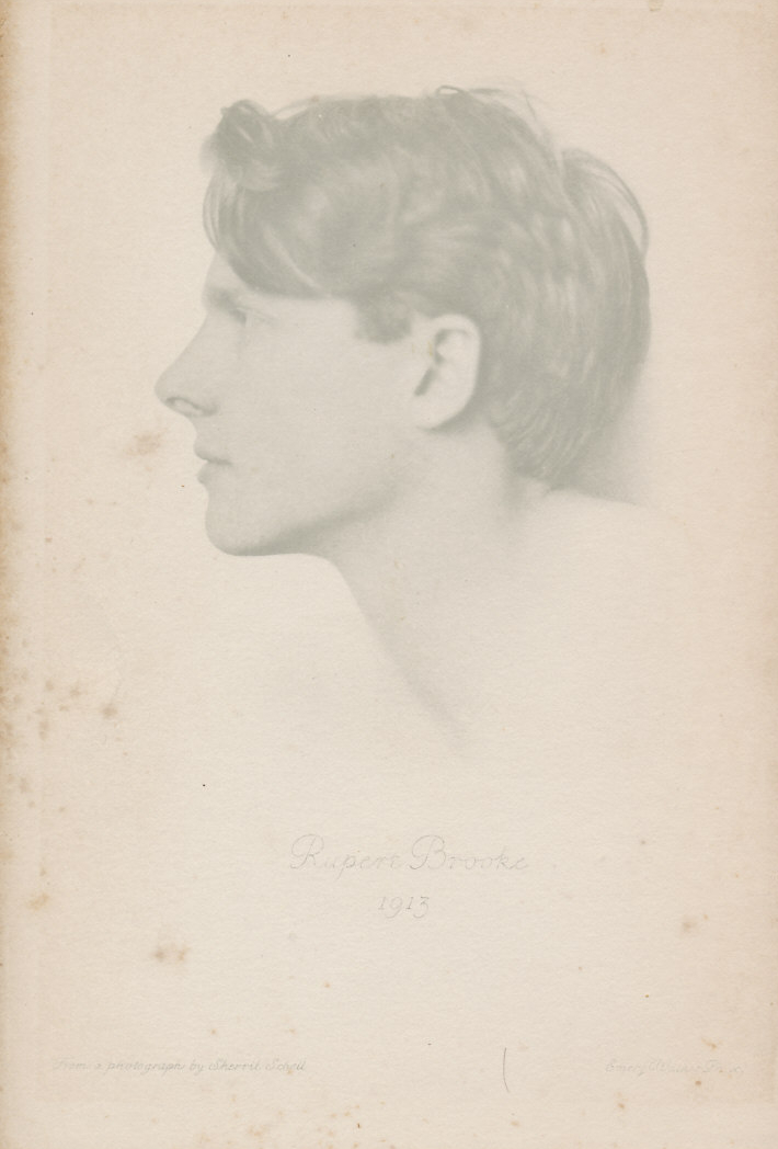 Frontispiece picture of the author from '1914 & other Poems' by Rupert Brooke. The profile is from a 1913 photograph by Sherril Schell.
Text:
Rupert Brooke
1913
From a photograph by Sherril Schell