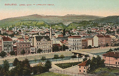 Appel Quai on the River Miljacka, in Sarajevo, Bosnia Herzegovina, site of the assassination of Archduke Franz Ferdinand of Austria-Hungary and his wife Sophie.
Text:
Sarajevo, Appel Quai - Appelova Obala
Reverse:
Verlag Simon Kattan, Sarajevo 1910, No. 11. Post card - Carte postale - Postkarte - Cartolina postale - Dopisnica - Levelezo Lap - Briefkaart. Jeder Nachdruck wird gerichtlich verfolgt.
Any reprinting will be prosecuted.