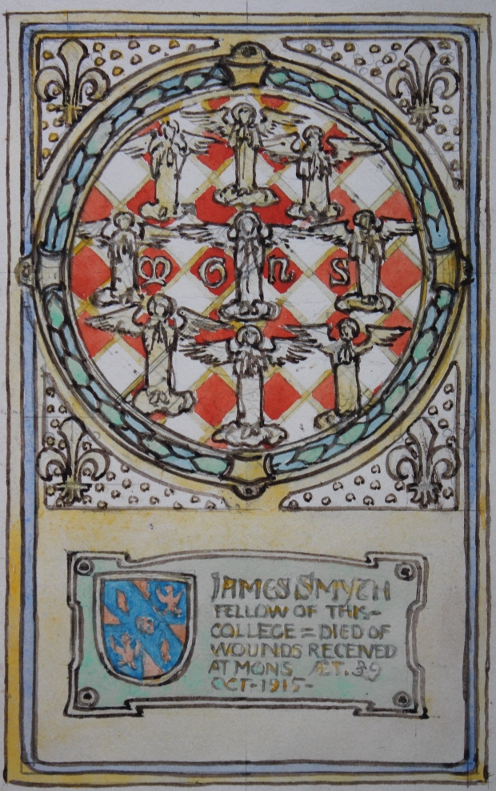 Original watercolor design by Nelson Dawson for a World War I memorial for James Smyth who died on in October 1915 at the age of 39 of wounds received in the Battle of Mons, Belgium, on August 23, 1914.
Text:
Mons
James Smyth fellow of this college — Died of wounds received at Mons. Aet. 39 Oct-1915—