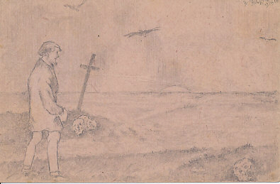 A bearded man stands by the seashore at sunset. A skull is near his feet, and three more lie near the foot of a cross across a narrow inlet. Three birds, seagulls or birds of prey, descend. An Austrian pencil sketch on field postcard, signed and dated, 1916, likely date, July 15/19, 1916.
Text:
15 19 |vii 16