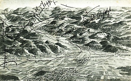 Bird's-eye view black and white relief map  of the battlefield in the Vosges with the German city of Colmar in Alsace in the foreground looking west into the mountains to Münstertal and toward France beyond. The city of Mulhouse, which changed hands several times in August 1914, is to the south. The card has been annotated in black ink.