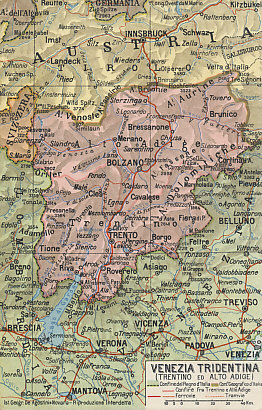 Map of the Trentino, part of "Italia Irredenta," unredeemed Italy: Venezia Tridentina (Trentino and Alto Adige)
Text:
Venezia Tridentina (Trentino and Alto Adige)
Confine del Regno d'Italia
Conf.[ine] Geografico d'Italia
Confine fra Trentino e Alto Adige
Ferrovie
Tramvie
Ist. Geogr. De Agostini-Novara - Riproduzione Interdetta
Venezia Tridentina (Trentino and South Tyrol)
Border of the Kingdom of Italy
Geographic boundary of Italy
Border between Trentino and Alto Adige
Railways
Tramways
Geographic Institute of Agostini-Novara - Reproduction prohibited
Reverse:
Message dated December 14, 1917