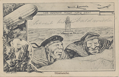 Two German marines, of the IX and XI Marine Artillery, watching in the dunes along the North Sea or Baltic Sea coast.
Text:
Lieb Vaterland magst ruhig sein
Dünenwache.
XI and IX Matrosen Artillerie
Dear fatherland, you want to be quiet
Dunes guard.
XI and IX sailors artillery