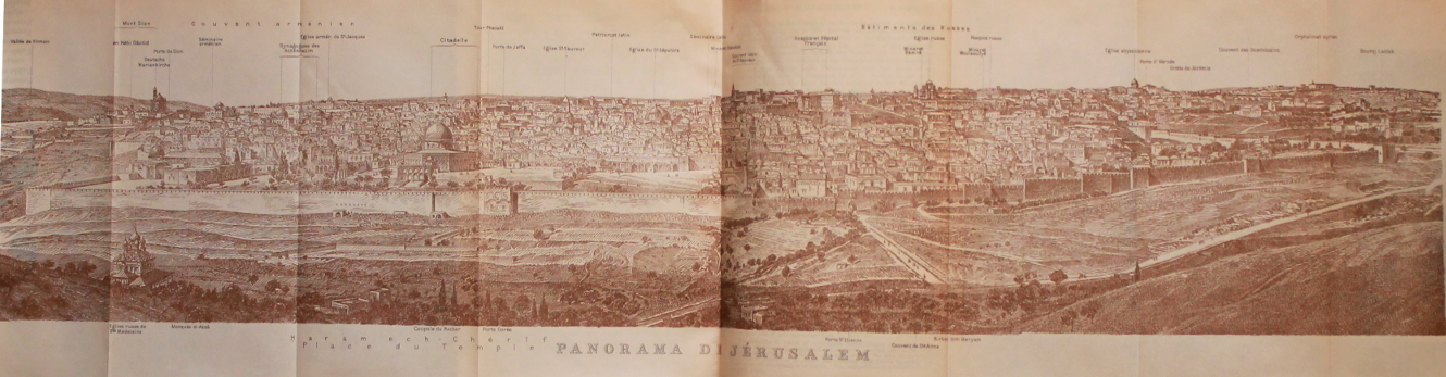 Panorama of Jerusalem from 'Palestine and Syria with Routes through Mesopotamia and Babylonia and with the Island of Cyprus' by Karl Baedeker, a 1912 guide book.
Text:
Panorama di Jérusalem