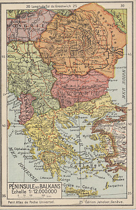 Postwar postcard map of the Balkans including Albania, newly-created Yugoslavia, expanded Romania, and diminished former Central Powers Bulgaria and Turkey. The first acquisitions of Greece in its war against Turkey are seen in Europe where it advanced almost to Constantinople, in the Aegean Islands from Samos to Rhodes, and on the Turkish mainland from its base in Smyrna. The Greco-Turkish war was fought from May 1919 to 1922. The positions shown held from the war's beginning to the summer of 1920 when Greece advanced eastward. Newly independent Hungary and Ukraine appear in the northwest and northeast.
Text:
Péninsule des Balkans
Échelle 1:12.000.000
Petit Atlas de Poche Universel
25 Édition Jeheber Genève
Reverse:
No. 20  Édition Jeheber, Genève (Suisse)
Balkans

Roumanie
(Royaume.)
Superficie . . . 290 000 sq. km.
Population . . . 16 000 000 hab. (50 par sq. km.
Capitale: Bucarest . . . 338 000 hab.

Bulgarie
(Royaume.)
Superficie . . . 100 000 sq. km.
Population . . . 4 000 000 hab. (40 par sq. km.)
Capitale: Sofia . . . 103 000 hab.

Grèce
(Royaume. Capitale: Athènes.)
En Europe (y compris la Crète et les iles) 200 000 sq. km. 6 000 000 hab. 30 p. sq. km.
En Asie mineure . . . 30 000 sq. km 1 300 000 hab. 43 p. sq. km.
Total 230 000 sq. km. 7 300 000 hab. 32 p. sq. km.
Ville de plus de 50 000 habitants:
Smyrne (Asie) . . . 350 000 hab.
Athènes . . . 175 000 hab.
Salonique . . . 150 000
Andrinople . . . 70 000 hab.
Pirée . . . 70 000 hab.

Turquie d'Europe
(Empire Ottoman.)
Superficie . . . 2 000 sq. km.
Population . . . 1 100 000 550 par sq. km.
Capitale: Constantinople 1 000 000 hab.

Albanie
Superficie . . . 30 000 sq. km.
Population . . . 800 000 hab. (27 par sq. km.)
Villes: Scutari . . . 30 000 hab.
Durazzo . . . 5 000 hab.

Yougoslavie
Voir le tableau des statisques de ce pays, ainsi que la carte de la partie occidentale de la Yougoslavie, sur la carte d'Italie.

Inst. Géog. Kummerl