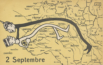 No. 2. La March sur Paris — The March on Paris. September 2, 1914. Having lost his footing on the French border, with German hands on his throat, French Commander Joffre leans back, arm protectively around Paris.
