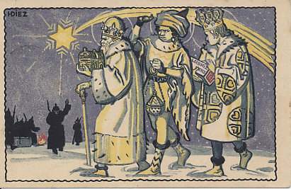 The three kings or wise men (Caspar, Melchior, and Balthasar) follow the Star of Bethlehem bearing gifts for the infant Jesus, passing German soldiers round a fire on their way. Rather than the traditional offerings of gold, frankincense, and myrrh, one king carries a box of Leibniz cookies. One king raises the star before them, giving the scene a stage-set quality. From a series of war advertising cards for Bahlsens Leibniz Cookies. Illustration by HDiez.
Text:
Leibniz Keks
Leibniz Cookies
HDiez
Reverse:
H. Bahlsens Keksfabrik, Hannover.
Message dated December 26, 1915, and field postmarked the 28th, the 8th Bavarian Reserve Division.