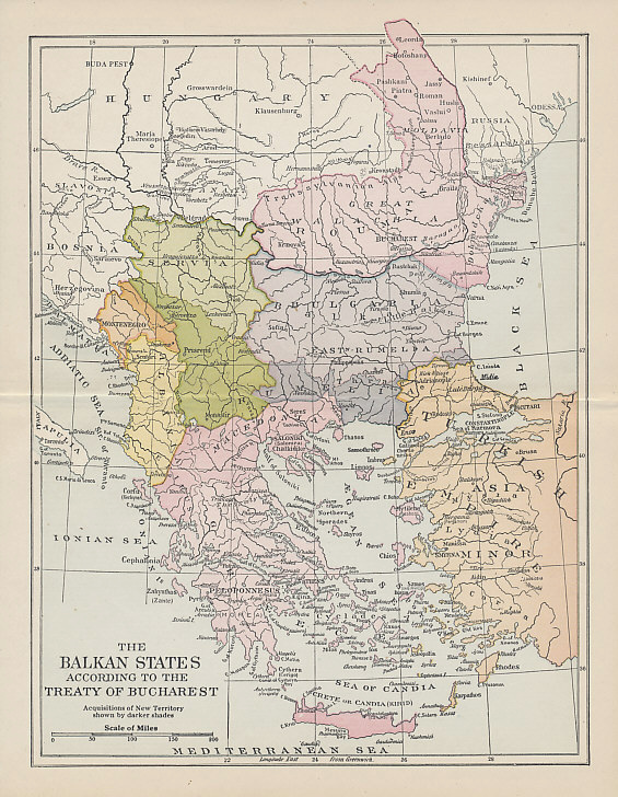 Map showing the territorial gains (darker shades) of Romania, Bulgaria, Serbia, Montenegro, and Greece, primarily at the expense of Turkey, agreed in the Treaty of Bucharest following the Second Balkan War. Despite its gains, Bulgaria also lost territory to both Romania and Turkey.
Text:
The Balkan States According to the Treaty of Bucharest; Acquisitions of New Territory shown by darker shades