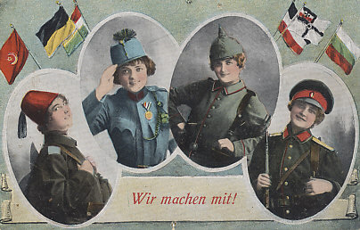 We'll join in! Women beneath the flags of and in the uniforms of the %+%Organization%m%66%n%Vierbund%-% of Turkey, Austria-Hungary, Germany, and Bulgaria, are willing to play their part in the war effort.
Text:
Wir machen mit!
We'll join in!
Reverse:
Dated Augsburg, February 3, 1916