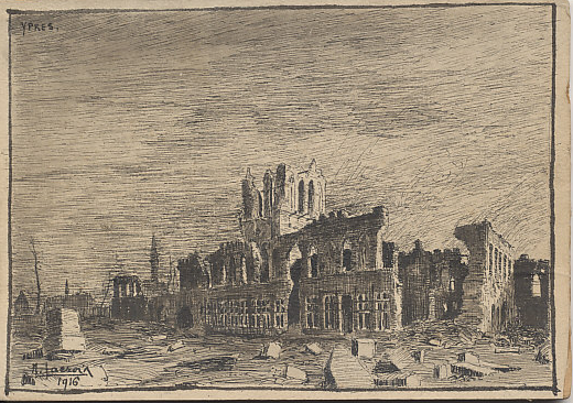 Pen and ink sketch of the Ypres Cloth Hall dated 1916 by N. Faeror? Faeroir? On November 22, 1914, German forces shelled the Hall and St. Peter's Cathedral with incendiary shells. In his memoirs, French General %+%Person%m%11%n%Ferdinand Foch%-%, wrote that they did so to compensate themselves for their defeat in the %+%Event%m%96%n%Battle of Flanders%-%.
Text:
Ypres
signed: N. Faeror? Faeroir? 1916