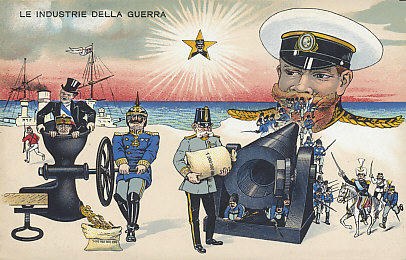 An Italian postcard of the Industry of War. Kaiser Wilhelm of Germany squeezes gold from France and Belgium, filling sacks of money he provides to his ally Emperor Franz Josef of Austria-Hungary who feeds his guns to fire at Tsar Nicholas of Russia who vomits up troops. On the bottom right, Serbia, Montenegro, and Japan join the battle against Germany and Austria-Hungary. To the left, Great Britain flees to its ships. King Victor Emmanuel III of Italy surveys it all, serenely neutral until May 1915. Germany taxed Belgium and occupied France heavily during its occupation, in money, in food and other necessities, and in human life and labor. Austria-Hungary borrowed heavily from Germany to support its war effort. The enormous manpower of Russia was a source of consolation for its allies, and of trepidation to its enemies. Some suspected Great Britain would take its small army and return to its ships, home, and empire.
Text:
Le Industrie della Guerra
The Industry of War