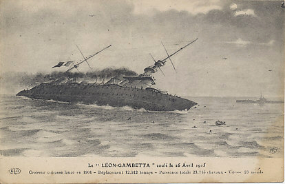 A postcard of some of the last moments of the French battleship Léon-Gambetta, sunk by the Austro-Hungarian submarine U-5 under the command of Captain Georg von Trapp around midnight the night of April 26-27, 1915. The ship sunk in just nine minutes, taking 684 of its 821 men to their death. Captain von Trapp was later famous as head of the von Trapp Family Singers, immortalized on stage and screen in The Sound of Music.
Text:
Le 'Léon-Gambetta' coulé le 26 Avril 1915
Croiseur cuirasse lancé en 1901 - Déplacement 12,512 tonnes - Puissance totale 28,715 chevaux - Vitesse 23 nœuds
The 'Léon Gambetta' sunk April 26, 1915
Armored cruiser launched in 1901 - displacement: 12,512 tons - Total horsepower 28,715 - speed 23 knots
Logo: ELD
Reverse:
A message from a colonial soldier at the barracks in Toulon writing to his sister.