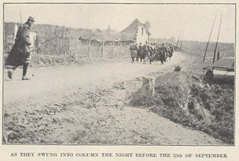 Soldiers of the French Foreign Legion moving into position on September 24, 1915, the night before the beginning of the Champagne Offensive. From %i1%A Soldier of the Legion%i0% by Edward Morlae, an American and a Sergeant in the Foreign Legion.
Text:
As they swung into column the night before the 25th of December.