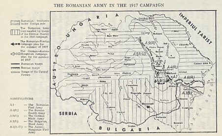 Map of Romania and the Allied and Central Power campaign plans for 1917. 'Romanian Territories under Foreign Rule' include Transylvania, Austria-Hungary, northwest of the Carpathian Mountains, and Bessarabia, Russia, to the east between the Prut and Nistru Rivers, regions with large ethnic Romanian populations. From 'Romania in World War I, a Synopsis of Military History' by Colonel Dr. Vasile Alexandrescu.
Text:
The Romanian Army in the 1917 Campaign
Romanian territories under foreign rule
The Romanian territory invaded by troops of the Central Powers in the 1916 campaign
The Romanian-Russian campaign plan for the summer of 1917
The German-Austro-Hungarian campaign plan for the summer of 1917
Romanian troops
Russian troops
Troops of the Central Powers