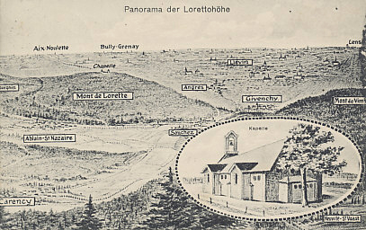 A panorama of Loretto Heights including part of Vimy Ridge. Notre Dame de Lorette, a pilgrimage site in 1914, stood on the Heights, and was, with Vimy Ridge, part of the high ground seized by German troops in the Race to the Sea after the Battle of the Marne. French commander Joffre hoped to capture Loretto Heights and Carency, a village the Germans had fortified, in the First Battle of Artois in December, 1914.
Text:
Panorama der Lorettohöhe
Panorama of Loretto Heights
Reverse:
Message dated June 25, 1916, and field postmarked the next day by the Fourteenth Reserve Corps.