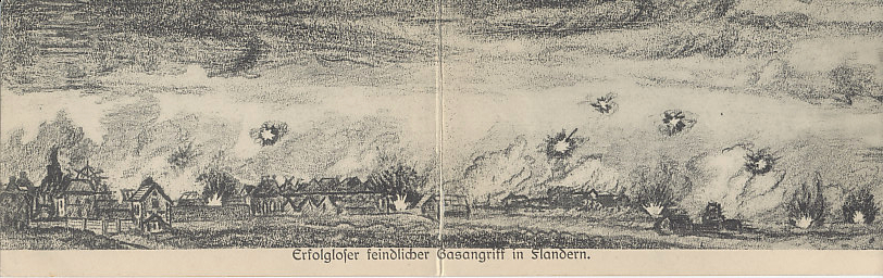 A folding postcard from a pencil sketch of an unsuccessful Allied gas attack in Flanders.
Text:
Erfolgloser feindlicher Gasangriff in Flandern
Unsuccessful enemy gas attack in Flanders
Outside:
Feldpostkarte
Nachdruck verboten.
Field postcard
Reproduction prohibited.