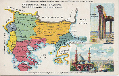 Advertising postcard map of the Balkans from the Amidon Starch company — Serbia, Montenegro, Bulgaria, Albania, Greece, and Turkey in Europe — with images of the Acropolis in Athens and Andrinople in Turkey. The map shows the region after the Second Balkan War.