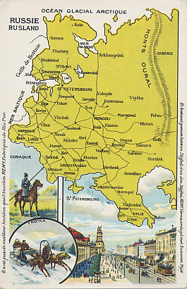 Advertising postcard map of European Russia, with inset images of a mounted Cossack lancer, a troika, and St. Petersburg.
Text in French and Dutch:
There is no better starch than Remy Starch, made of pure rice.
Il n’est pas de meilleur Amidon que l’Amidon REMY, Fabrique de Riz Pur.
Er bestaat geenen beteren Stijfsel dan den Stijfsel REMY, Vervaardigd met Zuiveren Rijst.
