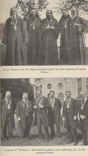 The Russian Duma: priest deputies and officers. From %i1%White Nights and Other Russian Impressions%i0% by Arthur Ruhl. Ruhl reported from Russia in 1917 after the February Revolution.
Text:
Priest deputies to the Duma strolling beside the lake adjoining Taurida Palace.
A group of 'Pristavs,' who acted as ushers, vote collectors, etc. in the national Duma.