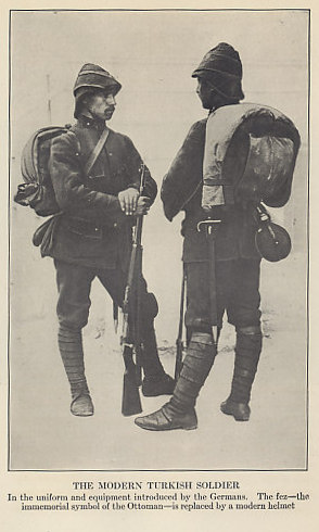 Examples of the uniform and kit of 'the modern Turkish soldier' from 'Ambassador Morgenthau's Story' by Henry Morgenthau, American Ambassador to Turkey from 1913 to 1916.
Text:
The Modern Turkish Soldier
In the uniform and equipment introduced by the Germans. The fez - the immemorial symbol of the Ottoman - is replaced by a modern helmet.