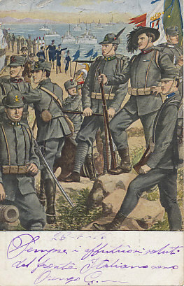 Italy's armed forces at the ready in a 1915 postcard. In the foreground the artillery, infantry, an Alpine soldier (in feathered hat), and a Bersaglieri (in plumed headgear). Behind them are a bugler and lancer; in the distance marines and colonial troops. The Italian navy is off shore, an airship and planes overhead. On the reverse are the lyrics of a patriotic Italian March by Angelo Balladori, lyrics by Enrico Mercatali. It ends with a call to the brothers of Trento and Trieste, Austro-Hungarian territory with large ethnic Italian populations.
Reverse:
Marcia Italica
D'Italia flammeggin le sante bandiere
Baciate dal sole, baciate dal vento,
Su l'aspro sentier di Bezzecca e di Trento
De l'alma Trieste, sul cerulo mar.
. . . 
Fratelli di Trento, Triestini fratelli,
La patria s'è desta alla grande riscossa!
Dell'aquila ingorda la barbara possa
Dai liberi petti domata sarà!


Parole di Enrico Mercatali
Musica di Angelo Balladori.
Casa Editrice Sonzogno - Milano. 1915.