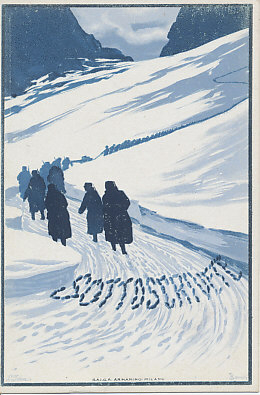 Italian troops marching into the mountains where Italy fought much of its war against Austria-Hungary. A poster postcard encouraging the purchase of war bonds yielding 5.55%.