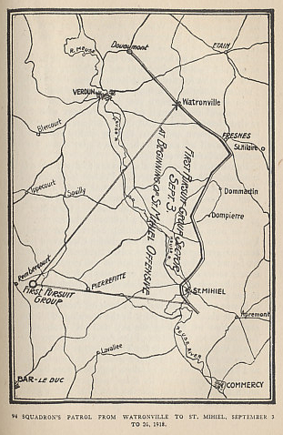 Map of the patrol for the United States 94th Squadron for September 3 to 26, 1918. The period covered the St. Mihiel Offensive and the beginning of the Meuse-Argonne Offensive. From 'Fighting the Flying Circus' by Capt. Edward V. Rickenbacker who took command of the Squadron — the Hat in Ring Squadron — on September 24.
Text:
94 Squadron's patrol from Watronville to St. Mihiel, September 3 to 26, 1918