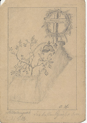 Pencil sketch of a German soldier's grave by NCO Otto Handmann, addressed to his sister. Pencil drawing on blank field postcard.
Text:
Soldier's grave — kind regards from you brother Otto
[Translation courtesy of Thomas Faust, eBay's Urfaust.]