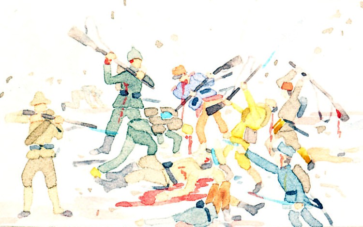 Troops fighting, shooting, bayoneting, using rifles
            as clubs, in uniforms of France, Germany, Turkey, Austria-Hungary, Russia, Australia. From a postcard by Schima Martos, 1917.