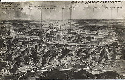 Postcard map of the Chemin des Dames between Soissons and Rheims. The view is facing north towards the heights of the 