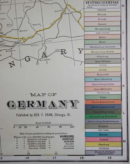 Detail from Cram's 1903 Railway Map of the German Empire with the states of the Empire: the map legend.
Text:
Map of Germany
States of the Empire
Published by Geo. F. Cram, Chicago, Ill.
Scale of Miles
Size of type graded to size of population: