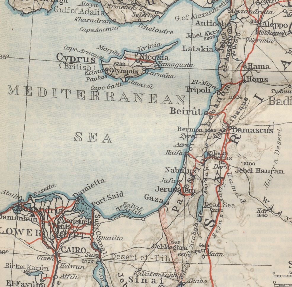 Syria and Palestine Front: Showing Cairo, Egypt, the northern Sinai peninsula, Akaba on the Red Sea, Jerusalem, Beirut, Damascus, and Aleppo. The Hejaz Railway runs north, parallel to the Mediterranean coast. From 