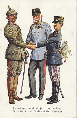 On May 23, 1915 Italy declared war on Austria-Hungary, its former ally as a member of the Triple Alliance. Clasping the hands of the German and Austro-Hungarian emperors Wilhelm II and Franz Josef, Italy