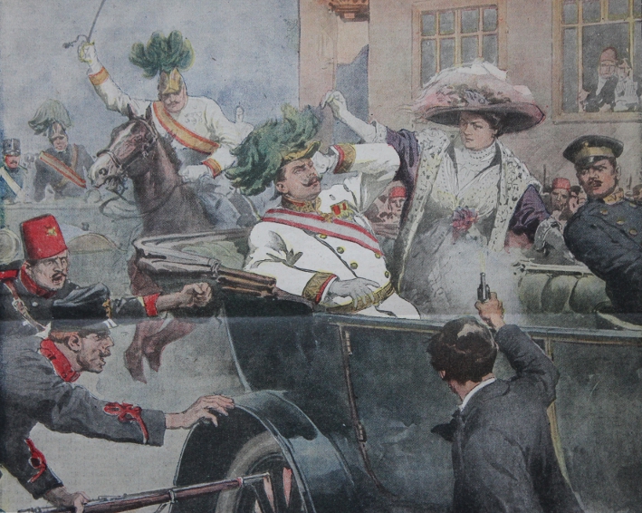 The assassination of Archduke Franz Ferdinand and his wife Sophie von Hohenberg was the cover story of La Domenica del Corriere for the week July 5 through 12, 1914. The assassin, Gavrilo Princip, said he aimed, turned away, and fired, and was not targeting the Countess. The illustrator may have positioned her standing to make sense of the two wounds: the Archduke was shot through the throat, his wife through the groin. Illustration by Alberto Beltrame.
The cover story includes a picture of the deceased with their three children. A second photograph shows the new heir to the throne, Karl, holding his son, captioned "I due futuri Imperatori d'Austria" — the two future Emperors of Austria. Karl became emperor when Franz Joseph died in 1916. His son never did, as the Empire had dissolved by the time his father died.
Text:
La Domenica del Corriere
5 – 12, 1914. 
L'assassinio a Serajevo dell'arciduca Francesco Ferdinando erede del trono d'Austria, e di sua moglie.
(Disegno di A. Beltrame)
The assassination in Sarajevo of Archduke Franz Ferdinand, heir to the Austrian throne, and his wife.
(Drawing by A. Beltrame)