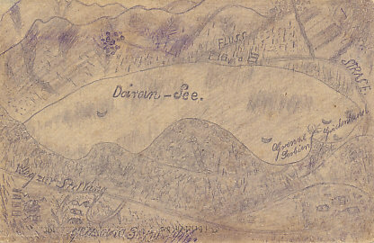 German pencil sketch of Lake Doiran, on the Greco-Serbian border, site of a battle in which the Bulgarians defeated the French, English, and Serbians in December, 1915, and of the Battle of Doiran in September 1918. Tents can be made out in the foreground. It looks to be dated March 30, 1916 (30 III 1916).
Text:
The lake is labeled Doiran-See
Grenze Serbien
Griechenland
Stras[s]e
Fluss
Weg zu Stellung
Serbian Border
Greece
Road
River
Towards position
March 30, 1916 (30 III 1916)
