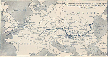 Map of the Danube River from the guidebook %i1%The Danube from Passau to the Black Sea,%i0% by The First Imperial Royal Priv. Danube Shipping Co., 1913 edition. It was translated from the German by May O'Callaghan and published in Vienna. Inside the back cover is a booklet %i1%General Remarks-Fares; Time-tables, 1914,%i0% that includes information about 'ships, cabins, combined tickets, luggage and attendance in general on the Company's steamers, etc.'
Text:
Passenger Steamer Lines of 'Erste k.k. priv. Donau-Dampfschiffarhts-Gesellschaft.' Vienna. (Austria).
First Imperial and Royal privileged Danube Steamship Company