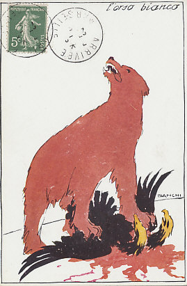 The white Russian bear, dyed red with Austro-Hungarian blood, triumphs over the Habsburg Eagle. Russian was victorious in Galicia in 1914 and early 1915. A postcard by Bianchi.