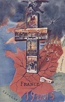 The Western Front, 1914 and 15. The Imperial German eagle is a crow feeding on carrion, perched on a cross bearing scenes of the destruction of its advance and retreat through France and Belgium: the shelled and burned cathedral of Reims, the ruination of the city of Arras, a destroyed town, deaths both military and civilian in Belgium. France held its territory along the border with Germany, and turned back the German advance in the Battle of the Marne, but Belgium and northern France remained occupied through the war.
Accused of war crimes, Germany, labeled on the map by "Kulturland?", defended itself by speaking of its superior culture.
Spain, Holland, and Switzerland remained neutral during the war, and are show in green. Italy joined the Allies in May, 1915, possibly shortly before the card was printed, which may explain the use of red for its name and border.
Text:
[On the cross:] Reims, Après le Passage des Allemands, Arras!, Belgique
[On the map, the countries of] Angleterre, Hollande, Espagne, Suisse, Italie, Belgique, France, Kulturland? [Germany, and the cities of] Douvres, Calais, Paris, Arras, Reims, Maubeuge, Verdun, Nancy, Epinal, and Belfort
Reverse:
M. Mantel édit., Lyon, 3, Rue Mulet