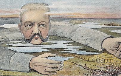 German General Paul von Hindenburg luring a Russian army into the Masurian Lakes. In the Battle of Tannenberg, the Germans destroyed the Russian Second Army, killing 50,000 and taking 90,000 prisoners. The Russian First Army managed to escape the same fate in the First Battle of the Masurian Lakes.