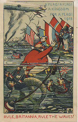 A British ship sunk under its own flag, John Bull, personification of Great Britain, calls for a false flag with which to disguise his ships even as he is being dragged beneath the surface by German mermen — submariners with armbands in the colors of the German flag. Personifications of neutral nations holding their flags include Uncle Sam of the USA, a Nederlander, and representatives of Sweden, Norway, and Denmark. In the distance, the British Isles have been hit, bombed by a Zeppelin or shelled by a sea battery.