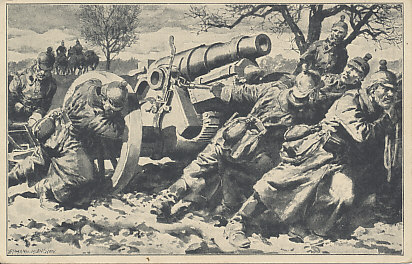 An artillery crew dragging and pushing a field howitzer forward. From a painting by Anton Hoffmann. On the back is a message dated January 6, 1916. The card was postmarked the next day.
Text:
Hoffmann - München
Reverse:
Kriegsbilder Postkarte
Vorbringen einer schweren Feldhaubitze. Nach einem Gemälde von Prof. Anton Hoffmann. Aus der illustr. Wochenschrift Reclam Universum. Probehefte 20 Pf. Druck und Verlag Philipp Reclam jun. Leipzig
War Images Postcard
Bringing up a heavy field howitzer. After a painting by Prof. Anton Hoffmann. From the illustrated weekly Reclam's Universe. Sample copies 20 pfennig. Printing and Publishing Philipp Reclam jun. Leipzig
Message dated January 6, 1916. The card was postmarked the next day.